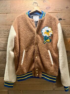 URBAN OUTFITTERS SHERPA FLOWER PATCH VARSITY JACKET